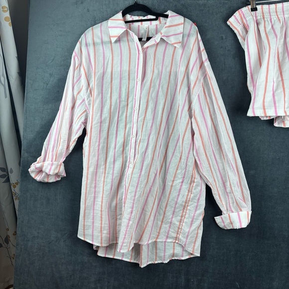 Fabletics set Cotton Voile Oversized Lite Striped Shirt high waist shorts Large - Picture 5 of 16